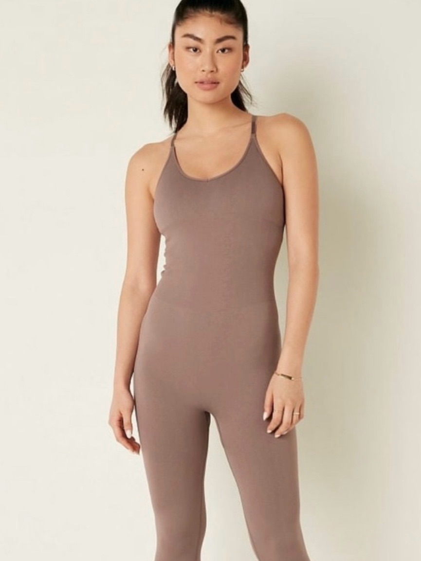 Victoria Secret Pink Active Seamless Full Length Onsie Jumpsuit In Taupe Nwt